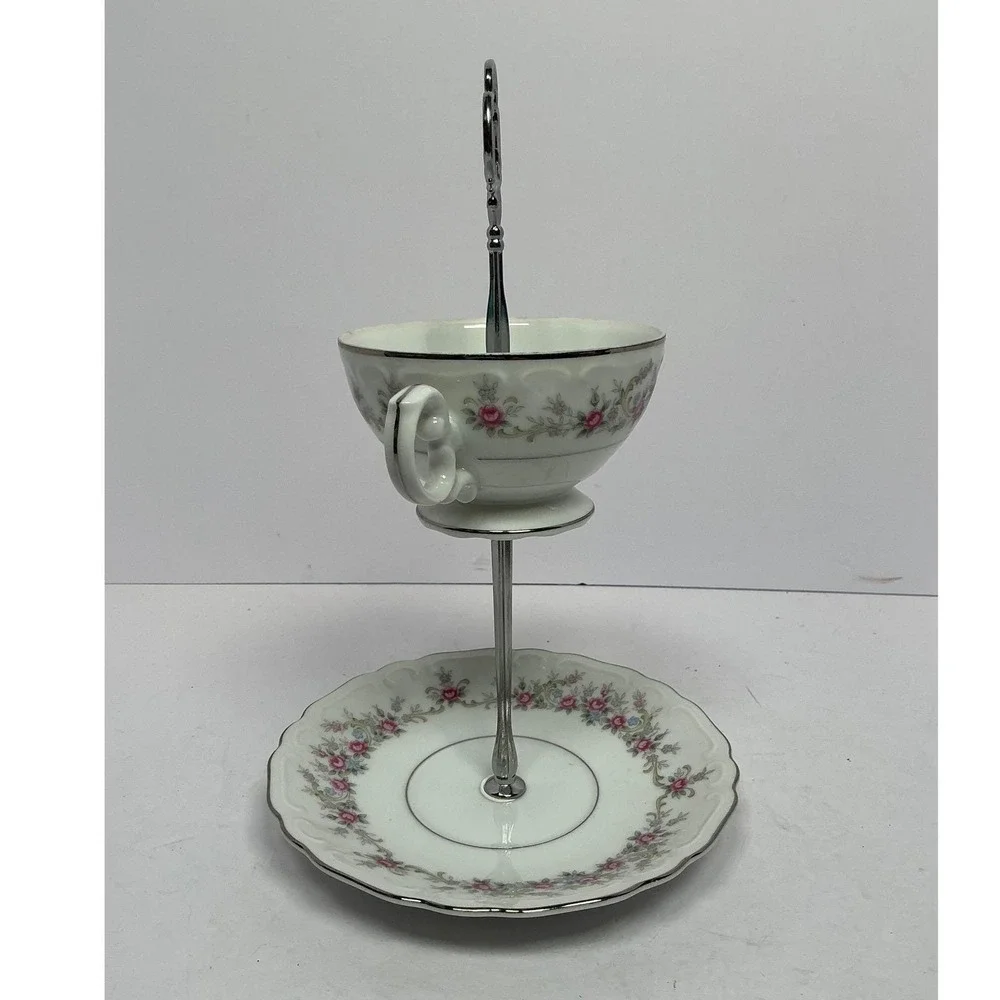 Tiered Stand Unisex OS White Floral Silver Rim 2-Tier Teacup Saucer Upcycle‎